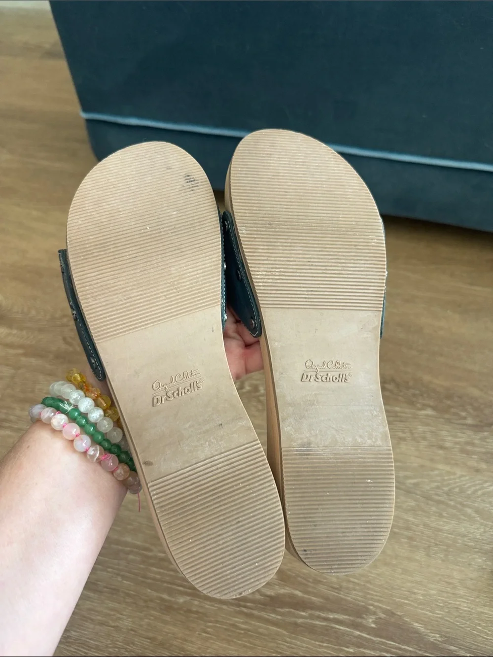 Dr. Scholl's Navy Leather Wood-Platform Slide Sandals